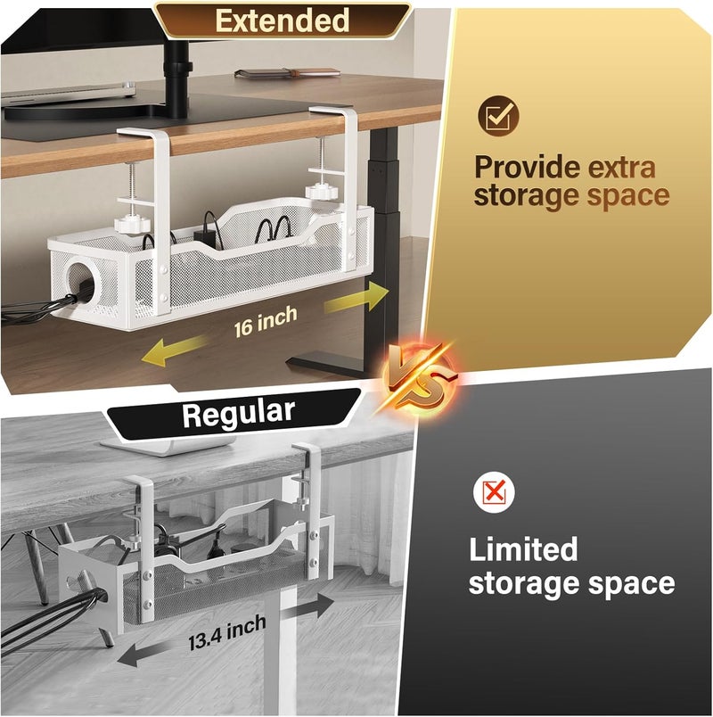 Cinati Under Desk Cable Management Large, 16" Cable Management Box for Table Thickness up to 3", Wire Cord Organizer with Clamp No Drill, No Damage to Desk (White) - Image 2